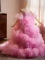 Charming Candy Pink Pleated Prom Dresses 2024 Ball Gown Off-The-Shoulder Puffy Short Sleeve Sweep Train Prom Formal Dresses