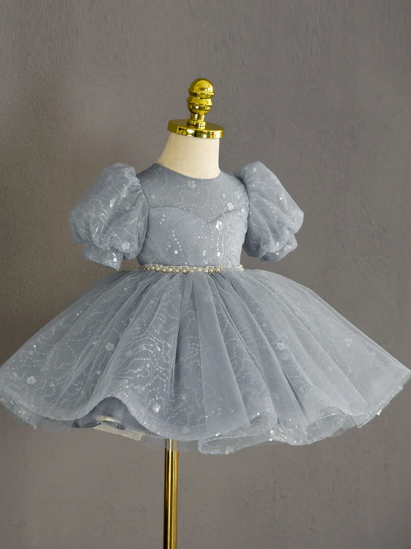 Chic / Beautiful Grey Pearl Rhinestone Sequins Short Birthday Flower Girl Dresses 2023 Ball Gown Scoop Neck Puffy Short Sleeve Tulle