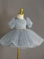 Chic / Beautiful Grey Pearl Rhinestone Sequins Short Birthday Flower Girl Dresses 2023 Ball Gown Scoop Neck Puffy Short Sleeve Tulle