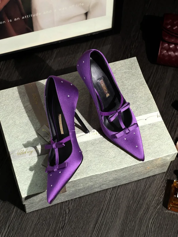 High-end Purple Rhinestone Bow Prom Pumps 2025 Leather 10 cm Stiletto Heels Pointed Toe Pumps High Heels