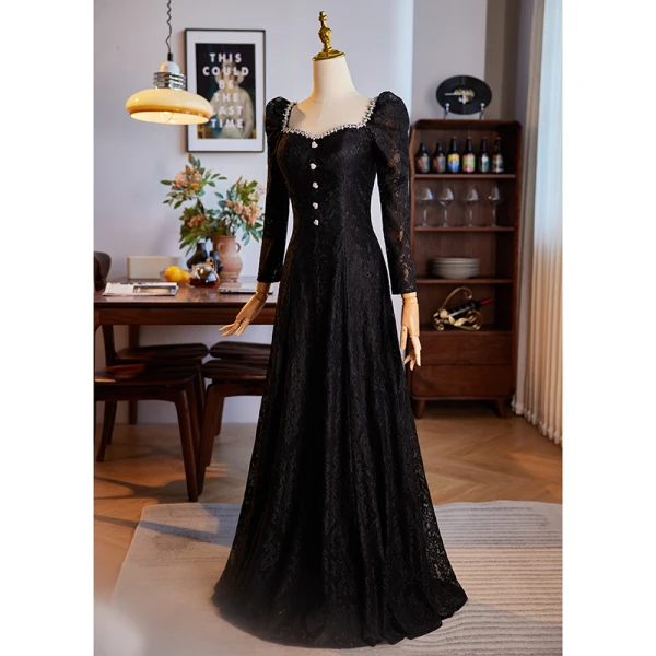 Elegant Black Winter Lace Prom Dresses 2024 A-Line / Princess Square Neckline Rhinestone Long Sleeve Backless Floor-Length / Long Prom Formal Dresses