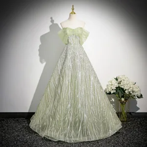 Mode Vert Cendré Paillettes Robe De Bal 2024 Robe Boule De L Épaule Sans Manches Dos Nu Longue Promo Robe De Ceremonie