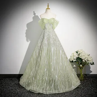 Mode Vert Cendré Paillettes Robe De Bal 2024 Robe Boule De L Épaule Sans Manches Dos Nu Longue Promo Robe De Ceremonie