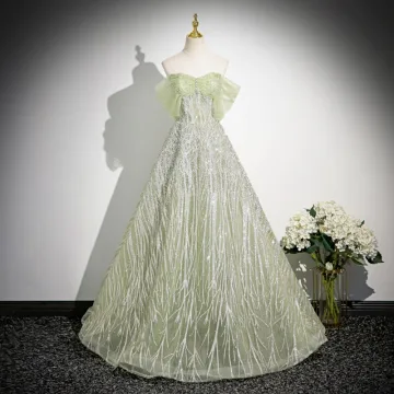 Mode Vert Cendré Paillettes Robe De Bal 2024 Robe Boule De L Épaule Sans Manches Dos Nu Longue Promo Robe De Ceremonie