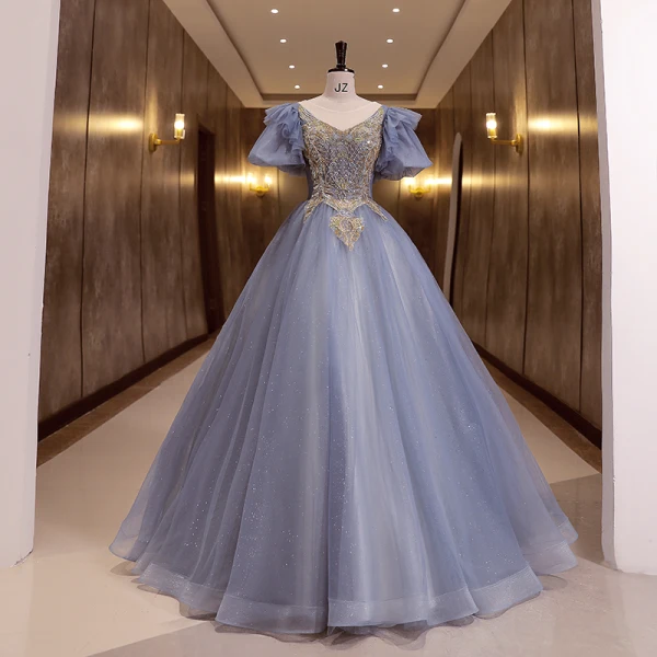 Elegante Himmelblau Perlenstickerei Perle Pailletten Ballkleider 2022 Ballkleid Rundhalsausschnitt Geschwollenes Kurze Ärmel Rückenfreies Lange Festliche Kleider