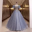 Elegante Himmelblau Perlenstickerei Perle Pailletten Ballkleider 2022 Ballkleid Rundhalsausschnitt Geschwollenes Kurze Ärmel Rückenfreies Lange Festliche Kleider