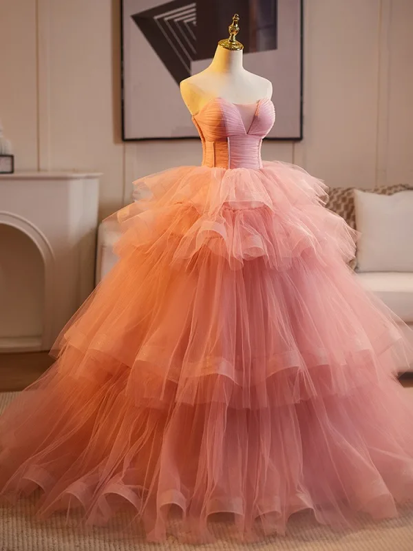 Chic / Beautiful Blushing Pink Cascading Ruffles Prom Dresses 2025 Ball Gown Strapless Sleeveless Backless Floor-Length / Long Prom Formal Dresses