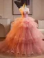Chic / Beautiful Blushing Pink Cascading Ruffles Prom Dresses 2025 Ball Gown Strapless Sleeveless Backless Floor-Length / Long Prom Formal Dresses
