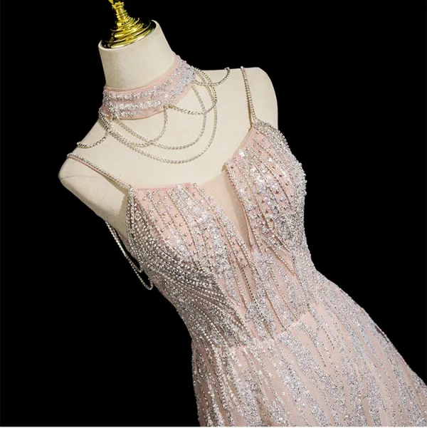 Scintillantes Rougissant Rose Perlage Faux Diamant Paillettes Robe De Bal 2025 Princesse Col Haut Sans Manches Dos Nu Longue Robe De Ceremonie