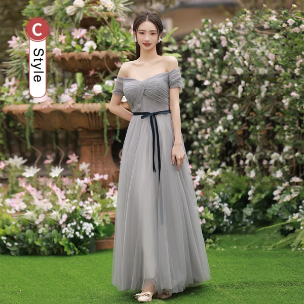 Simple Gris Robe Demoiselle D'honneur 2022 Princesse Noeud Ceinture Manches Courtes Dos Nu Longue Robe De Ceremonie