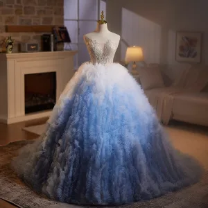 Stilig Gradient Farge Himmelen Blå Beading Perle Paljetter Gripende Ruffles Ballkjoler 2025 Ballkjole Strapless Uten Ermer Ryggløse Feie Tog Ball Formelle Kjoler