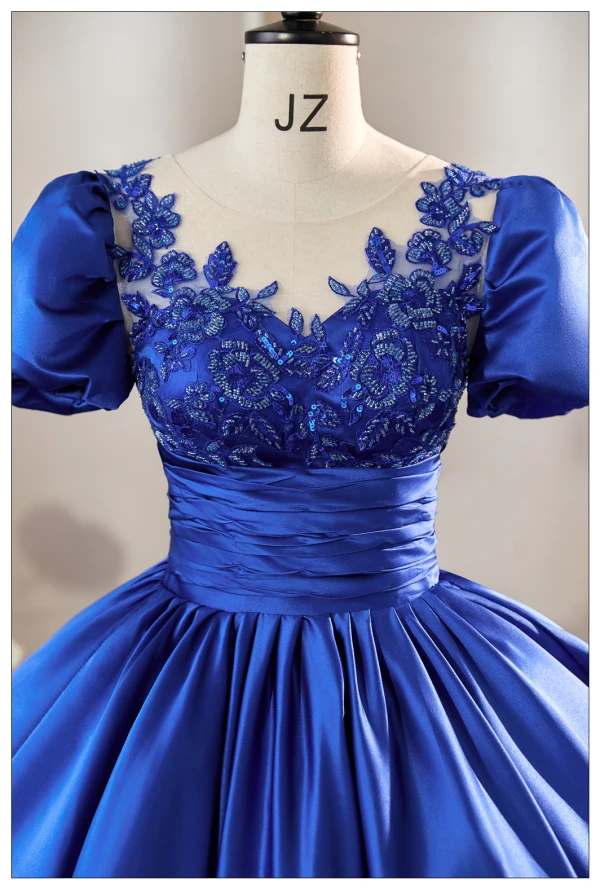 Vintage / Retro Royal Blue Prom Dresses 2024 Beading Sequins Lace Flower Satin Ball Gown Scoop Neck Short Sleeve Bow Formal Dresses