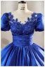 Vintage / Retro Royal Blue Prom Dresses 2024 Beading Sequins Lace Flower Satin Ball Gown Scoop Neck Short Sleeve Bow Formal Dresses
