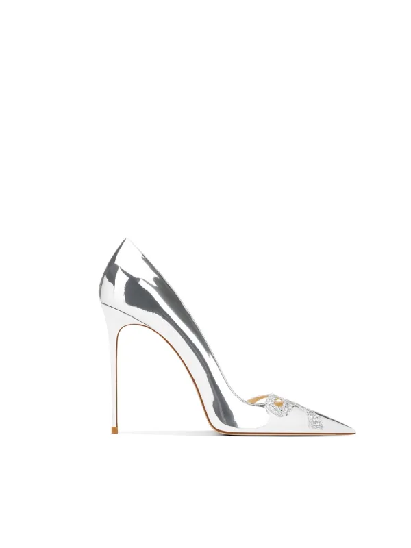 Sexig Silver Afton Rhinestone Rosett Pumps 2024 Läder 10 cm Stilettklackar Spetsiga Pumps Högklackade