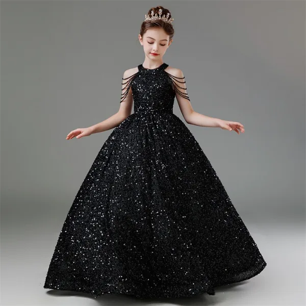 Bling Bling Black Beading Sequins Birthday Flower Girl Dresses 2024 Ball Gown Scoop Neck Sleeveless Backless Floor-Length / Long