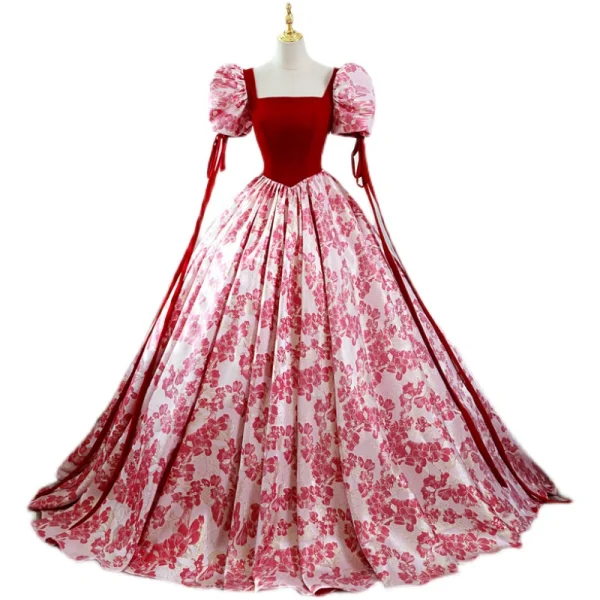 Elegant Red Printing Prom Dresses 2022 Square Neckline Puffy Short Sleeve Backless Floor-Length / Long Prom Formal Dresses