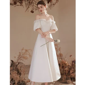 Chic Beautiful Ivory Pearl Homecoming Graduation Dresses Prom Dresses 2023 A Line Princess Off The Shoulder Short Sleeve Backless Tea Length Formal Dresses