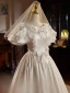 Vintage / Retro Ivory Satin Lace Wedding Dresses 2024 Ball Gown Scoop Neck Bow Puffy Short Sleeve Backless Floor-Length / Long Wedding