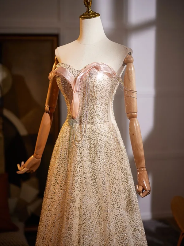 Glitzernden Champagner Perlenstickerei Pailletten Ballkleider 2025 A Linie Bandeau Ärmellos Rückenfreies Lange Tülle Festliche Kleider