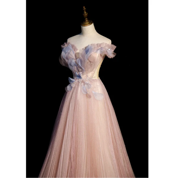 Charmant Dunkel Rosa Glanz Pailletten Ballkleider 2022 A Linie Off Shoulder Applikationen Kurze Ärmel Rückenfreies Lange Ball Festliche Kleider