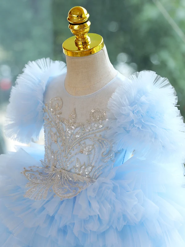 Fashion Sky Blue Beading Sequins Cascading Ruffles Birthday Flower Girl Dresses 2023 Ball Gown Scoop Neck Short Sleeve Backless Floor-Length / Long Flower Girl Dresses