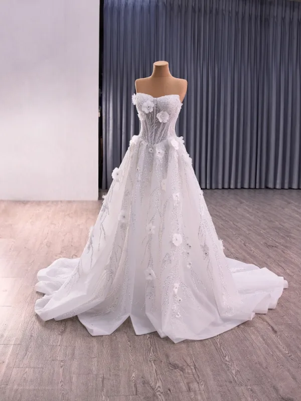 High End Weiß Handgefertigt Perlenstickerei Applikationen Pailletten Brautkleider / Hochzeitskleider 2025 A Linie Bandeau Ärmellos Rückenfreies Sweep / Pinsel Zug Hochzeit