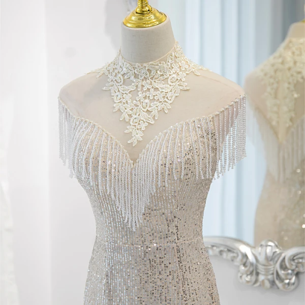 Charming Silver Beading Tassel Sequins Lace Flower Evening Dresses 2023 Trumpet / Mermaid High Neck Sleeveless Floor-Length / Long Evening Party Formal Dresses