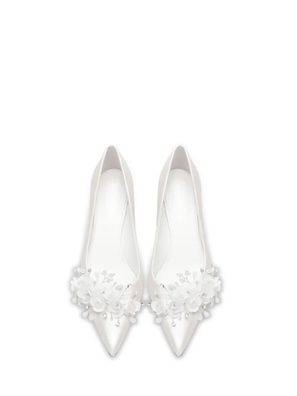 Elegant White Satin Appliques Rhinestone Wedding Shoes 2024 8 cm Stiletto Heels Pointed Toe Wedding Pumps High Heels