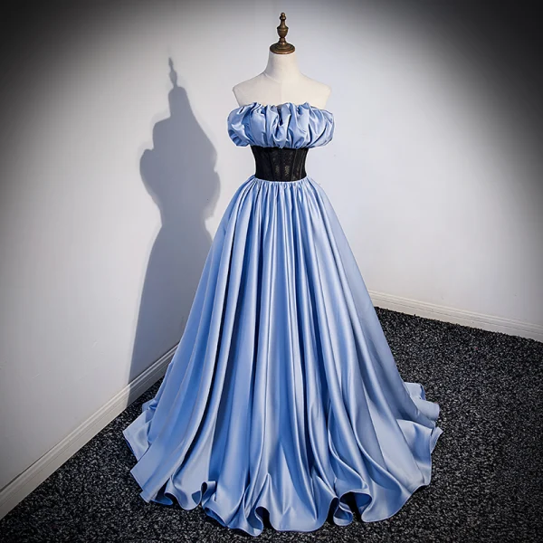 Elegant Sky Blue Satin Prom Dresses 2023 A-Line / Princess Strapless Sleeveless Backless Floor-Length / Long Prom Formal Dresses