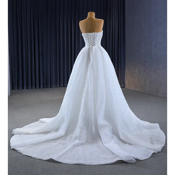 High End Glitzernden Weiß Perlenstickerei Perle Pailletten Brautkleider / Hochzeitskleider 2023 A Linie Bandeau Ärmellos Rückenfreies Hof-Schleppe Hochzeit