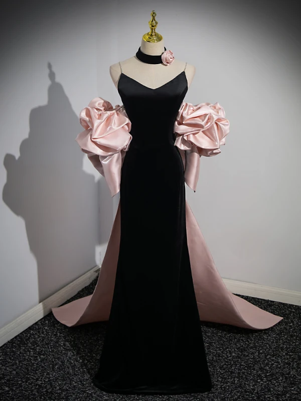 Sexy Noire Robe De Soirée 2023 Trompette / Sirène Bretelles Spaghetti Gonflée Manches Courtes Dos Nu Noeud Train De Balayage Soirée Robe De Ceremonie