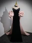 Sexy Noire Robe De Soirée 2023 Trompette / Sirène Bretelles Spaghetti Gonflée Manches Courtes Dos Nu Noeud Train De Balayage Soirée Robe De Ceremonie