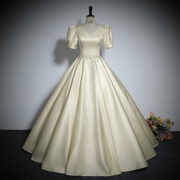 Vintage / Retro Black Rhinestone Satin Prom Dresses 2024 Ball Gown V-Neck Short Sleeve Backless Floor-Length / Long Prom Formal Dresses