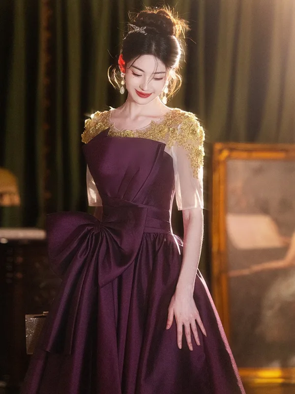 Elegant Purple Beading Lace Flower Bow Satin Prom Dresses 2025 A-Line / Princess Scoop Neck Short Sleeve Backless Floor-Length / Long Prom Formal Dresses