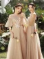 Modest / Simple Champagne Lace Flower Bridesmaid Dresses 2023 A-Line / Princess Scoop Neck Short Sleeve Backless Floor-Length / Long Bridesmaid Dresses