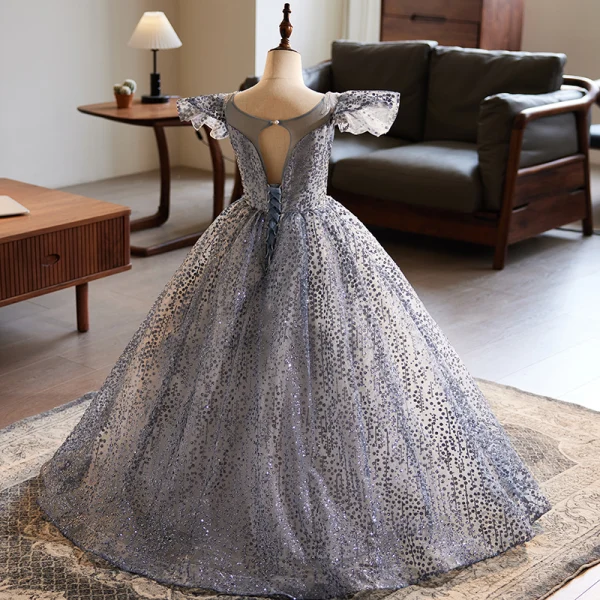 Bling Bling Grey Beading Lace Flower Sequins Birthday Flower Girl Dresses 2024 Ball Gown Scoop Neck Puffy Short Sleeve Backless Floor-Length / Long