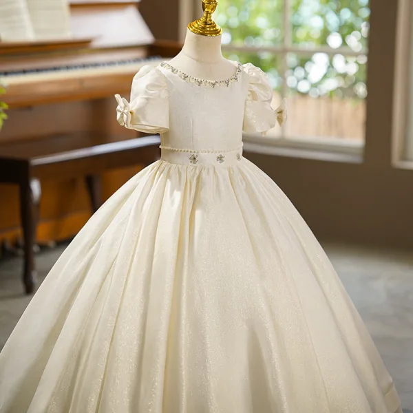 Elegant Ivory Pearl Rhinestone Birthday Flower Girl Dresses 2025 Ball Gown Scoop Neck Puffy Short Sleeve Floor-Length / Long