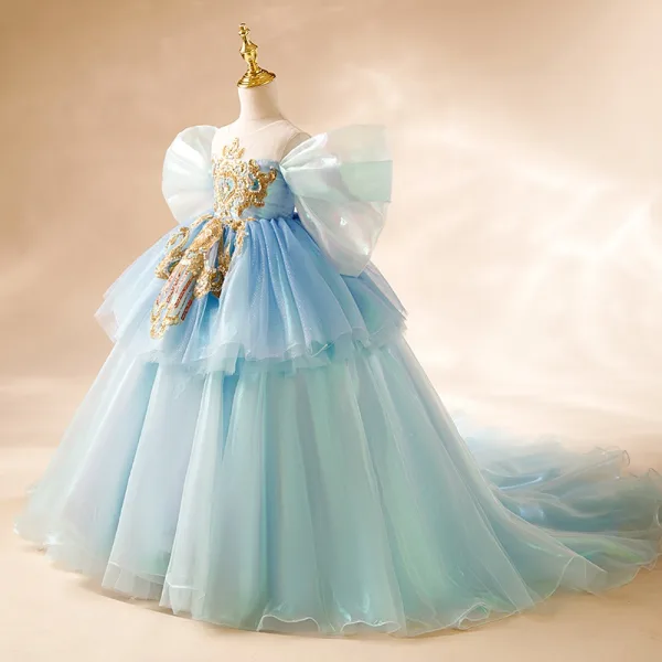 Elegant Sky Blue Beading Pearl Sequins Birthday Flower Girl Dresses 2024 Ball Gown Scoop Neck Puffy Short Sleeve Backless Sweep Train Tulle