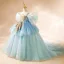 Elegant Sky Blue Beading Pearl Sequins Birthday Flower Girl Dresses 2024 Ball Gown Scoop Neck Puffy Short Sleeve Backless Sweep Train Tulle