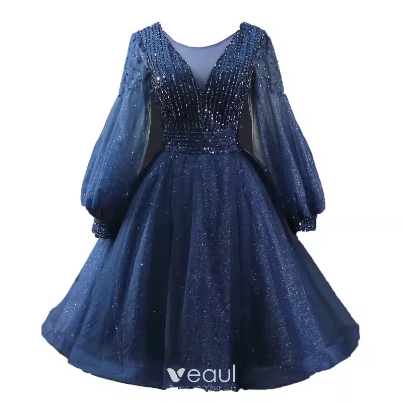 Vintage / Retro Navy Blue Beading Sequins Glitter Short Prom Dresses 2024  A-Line / Princess Scoop Neck