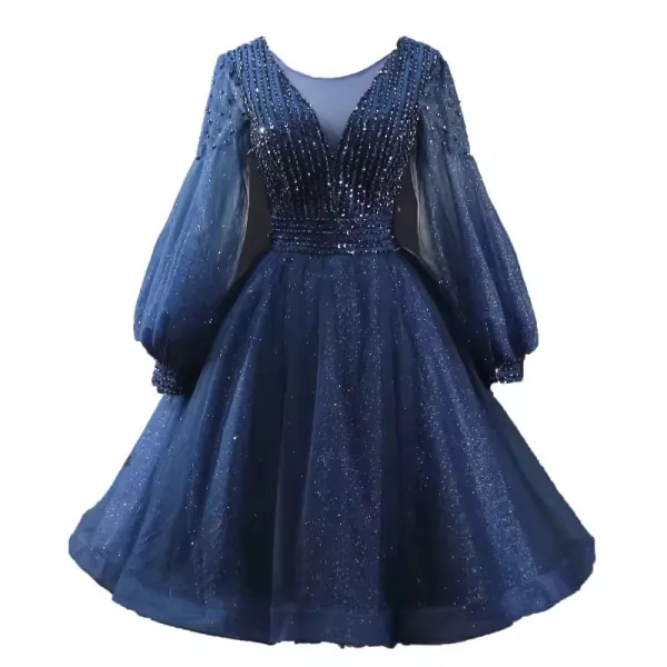 Vintage / Retro Navy Blue Beading Sequins Glitter Short Prom Dresses 2024 A-Line / Princess Scoop Neck Long Sleeve Backless Formal Dresses
