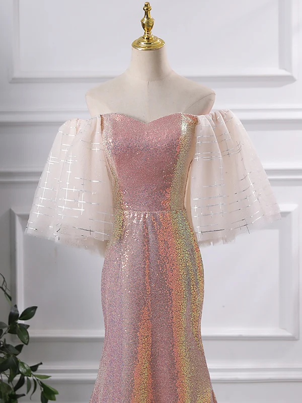 Scintillantes Rougissant Rose Glitter Paillettes Robe De Soirée 2024 De l'épaule Trompette / Sirène Manches Courtes Dos Nu Longue Soirée Robe De Ceremonie