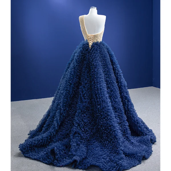 High-end Ocean Blue Rhinestone Ruffle Prom Dresses 2022 Ball Gown One-Shoulder Sleeveless Backless Floor-Length / Long Prom Formal Dresses