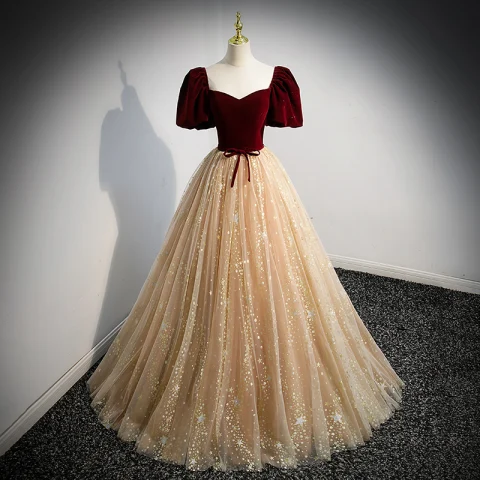 Clásico Borgoña Estrella Lentejuelas Vestidos Formales 2022 Ball Gown Escote Cuadrado Suede Manga Corta Sin Espalda Bowknot Largos Gala Vestidos de gala
