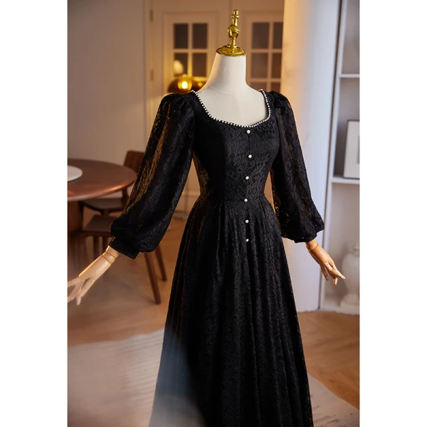 Elegant Black Winter Pearl Lace Prom Dresses 2024 A-Line / Princess Square Neckline Long Sleeve Backless Floor-Length / Long Prom Formal Dresses