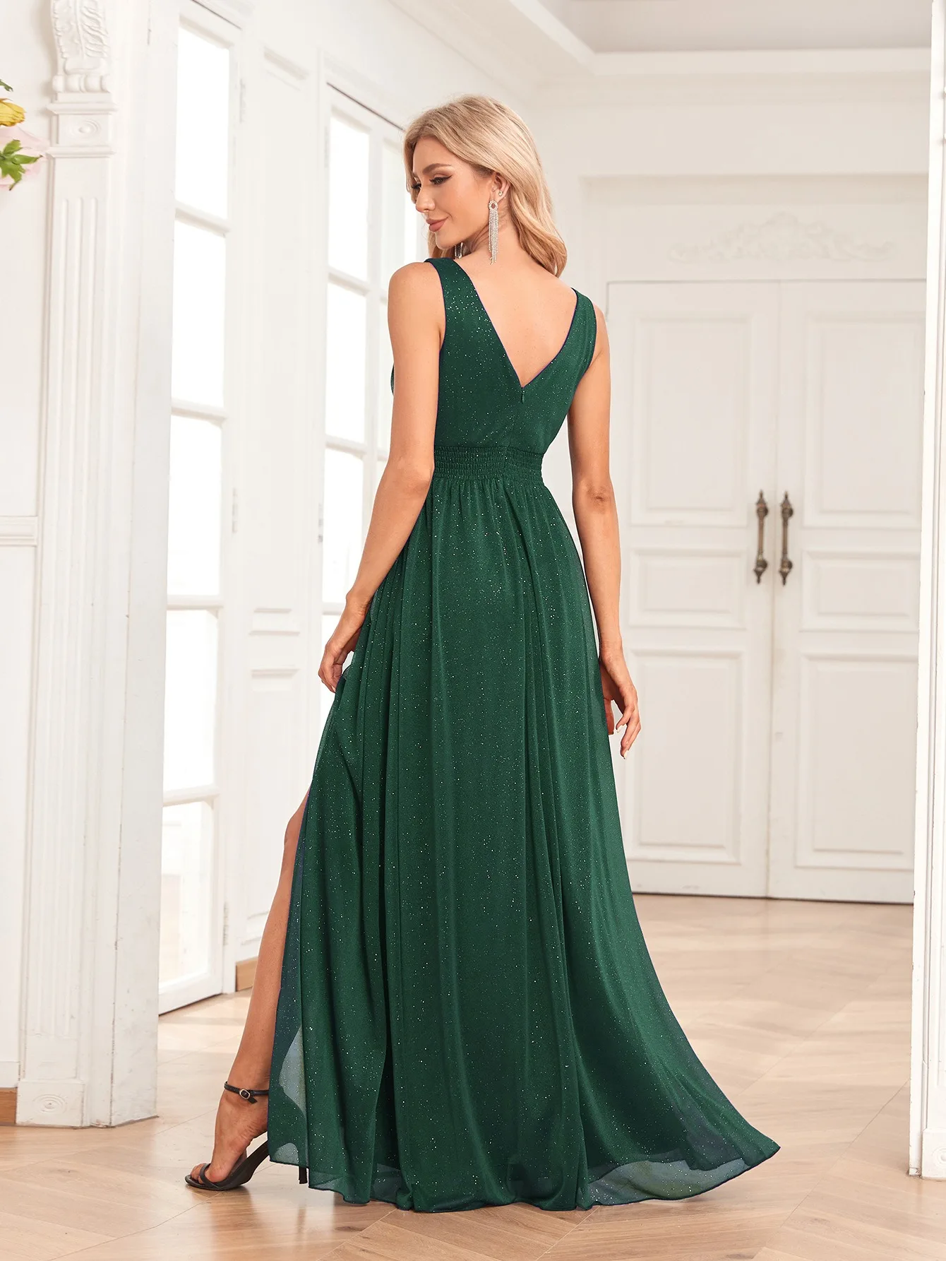 Modest Simple Navy Blue Split Front Prom Dresses 2024 A-Line Princess Chiffon V-Neck