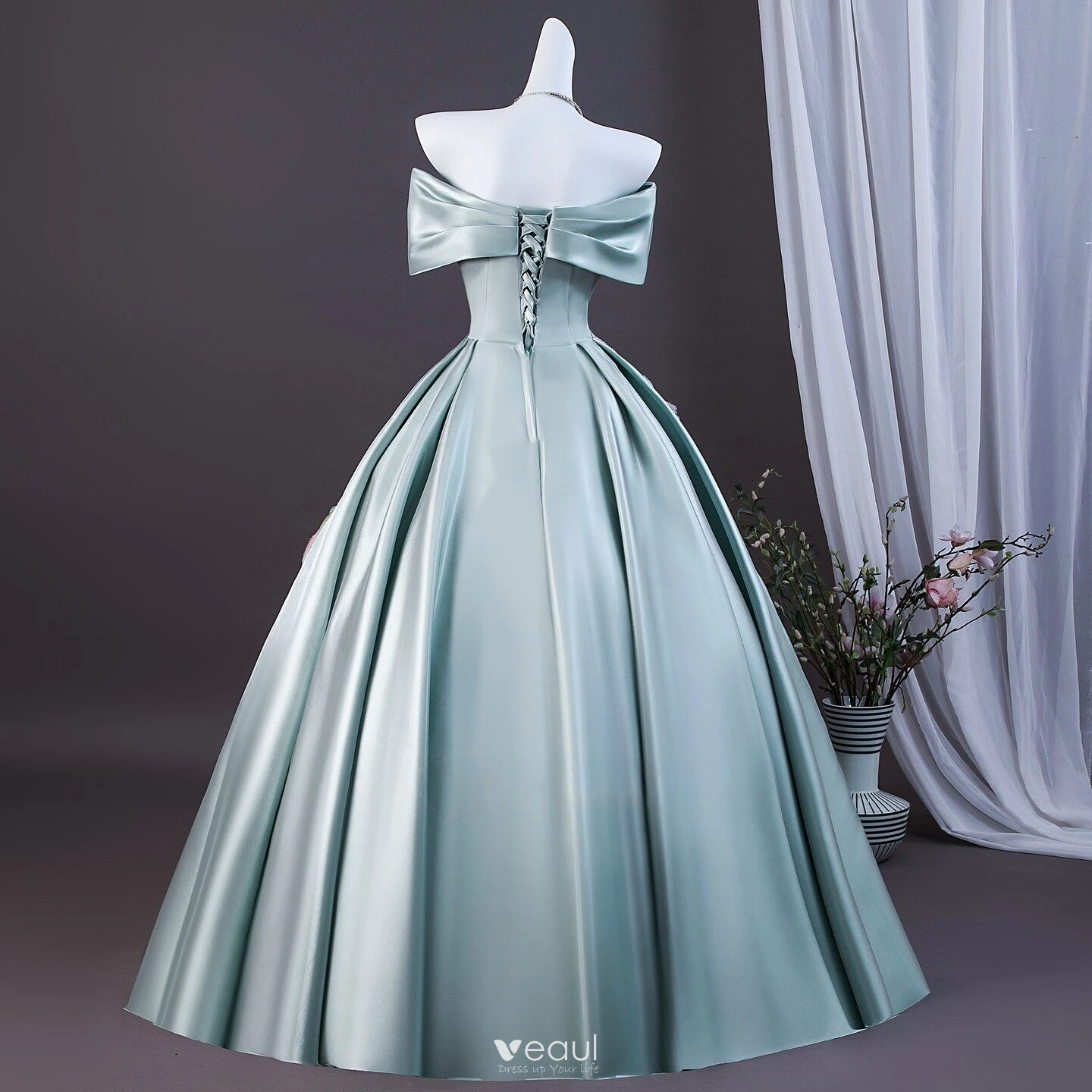 Elegant Mint Green Beading Sequins Appliques Prom Dresses 2026 Ball Gown Short Sleeve