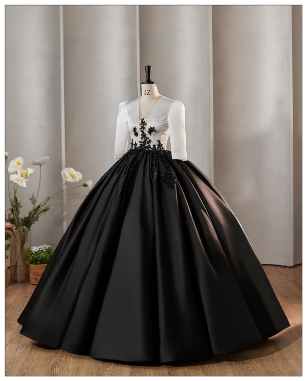 Vintage / Retro Red Sequins Lace Flower Satin Prom Dresses 2024 Ball Gown Scoop Neck 3/4 Sleeve Backless Floor-Length / Long Prom Formal Dresses