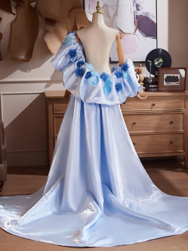 Elegant Himmelen Blå Håndlaget Appliques Ball Satin Sjal Korte Ermer 2026