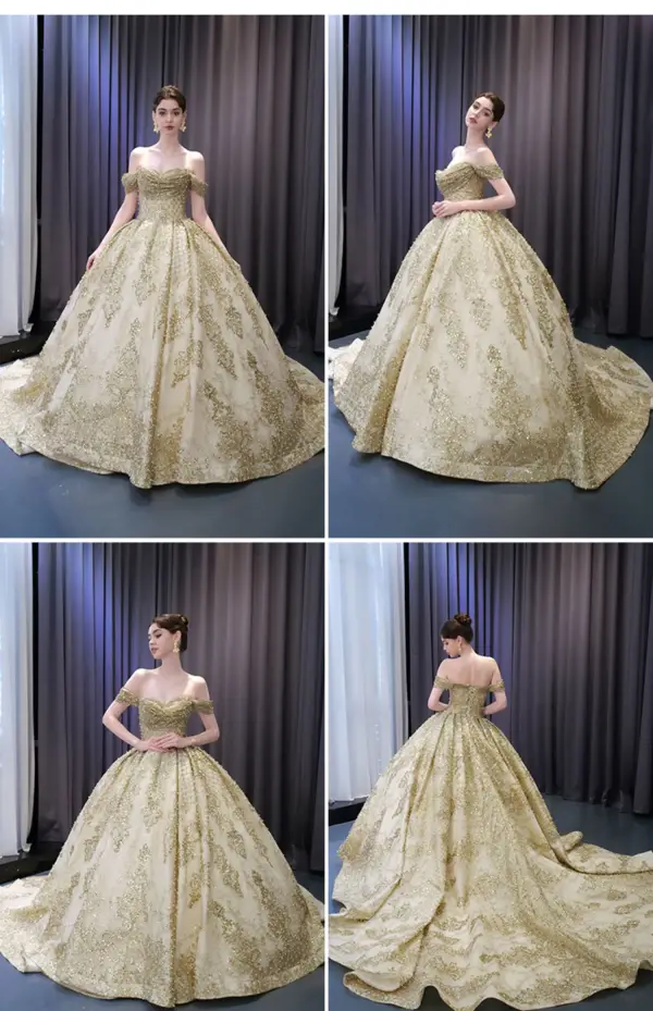 Luxury / Gorgeous Gold Beading Pearl Sequins Chapel Train Prom Dresses 2024 Off-The-Shoulder Sleeveless Backless Prom Formal Dresses
